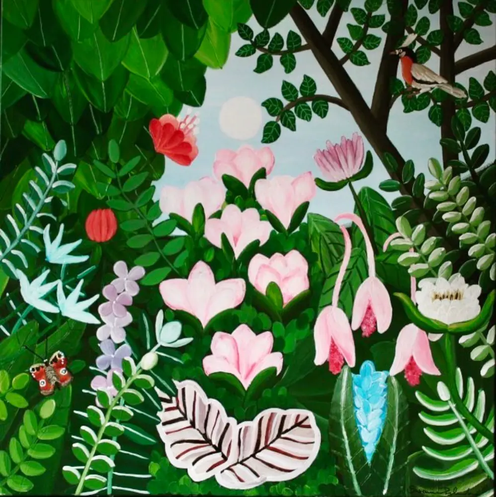 Blomsterglädje maleri med junglemotiv